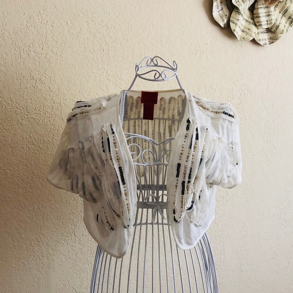 Anthropologie style beaded cream shrug.